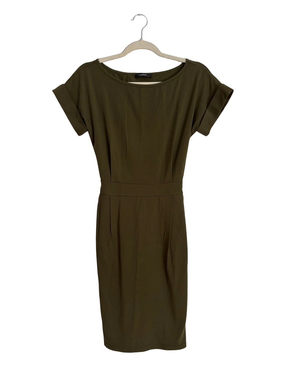 Women’s Olive Midi Sheath Dress with Waistband and Tie Waist